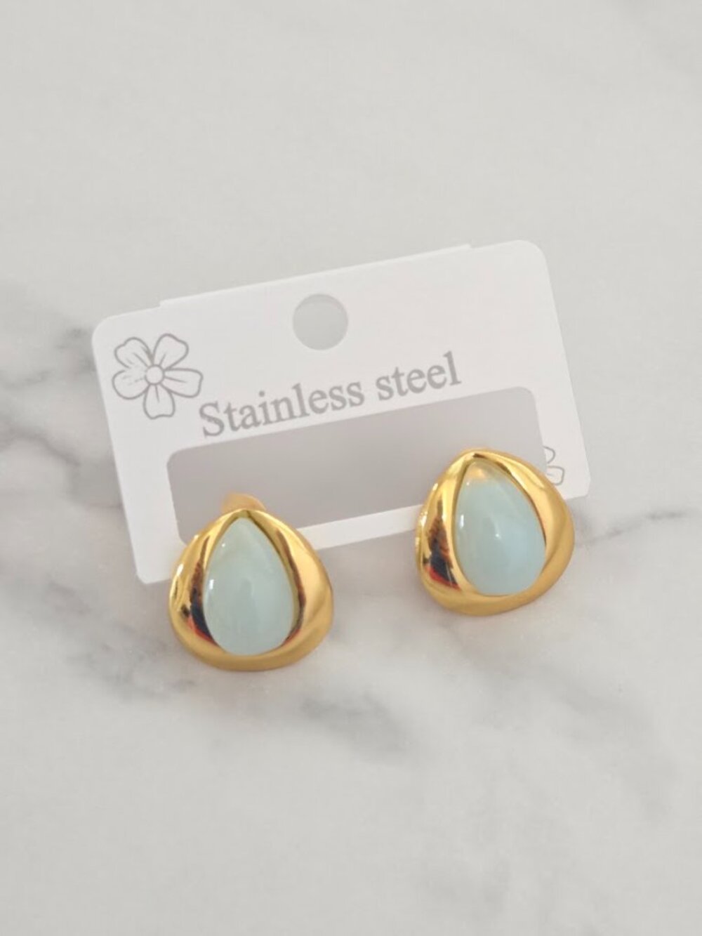 Light Blue Teardrop Stone Gold Stud Statement Earrings - Picture 12 of 12